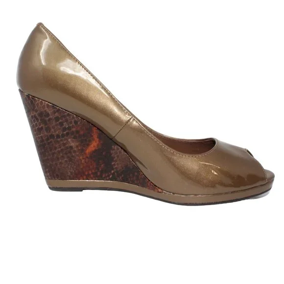 Donald J Pliner Size 9 M Beige Brown Habiki Patent Leather Peeptoe Wedge Heels - Picture 6 of 9